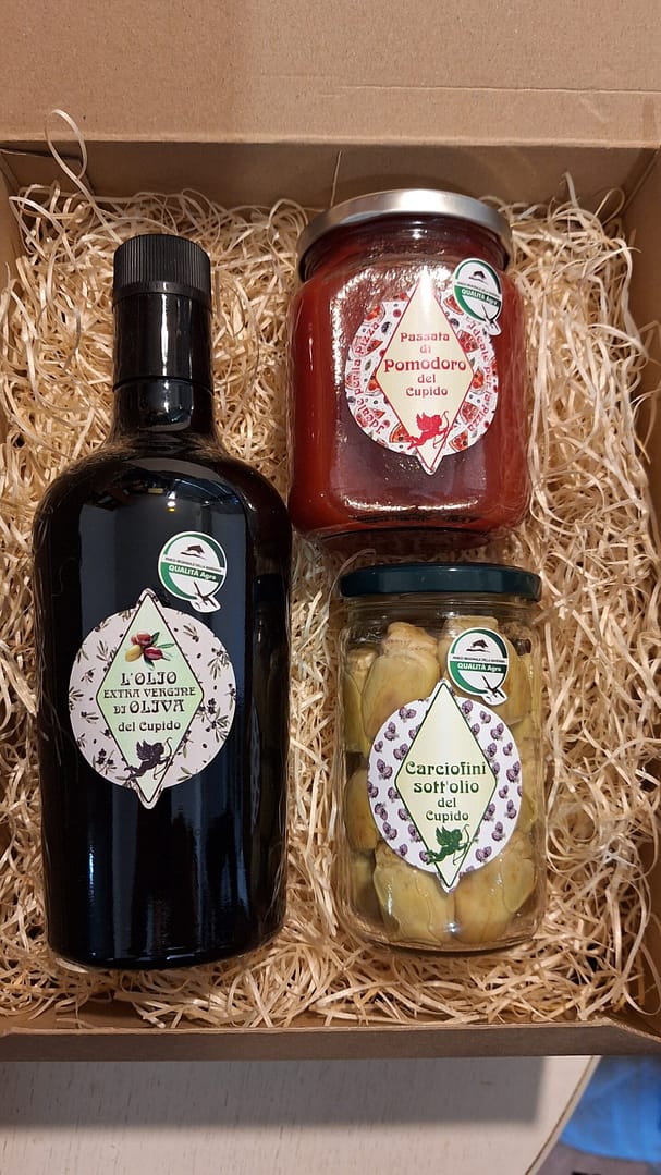 Cesto natalizio con olio extravergine, passata di pomodoro e carciofini sott'olio. Idea regalo gastronomica, prodotti tipici italiani.